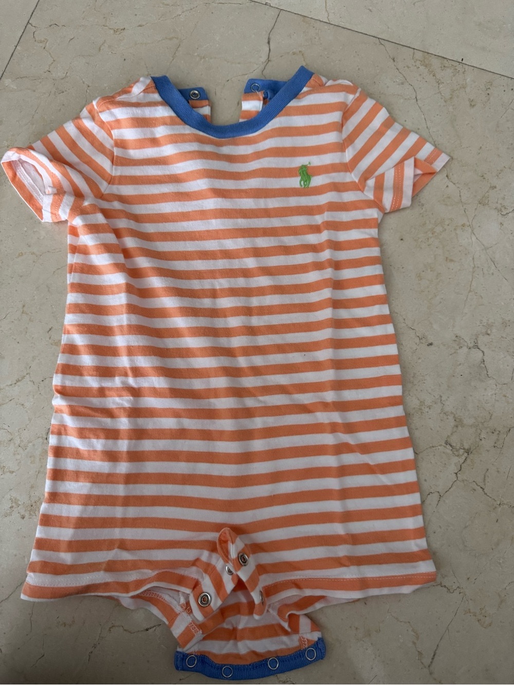 Ralph Lauren Orange & White Striped Infant Romper with Blue Trim